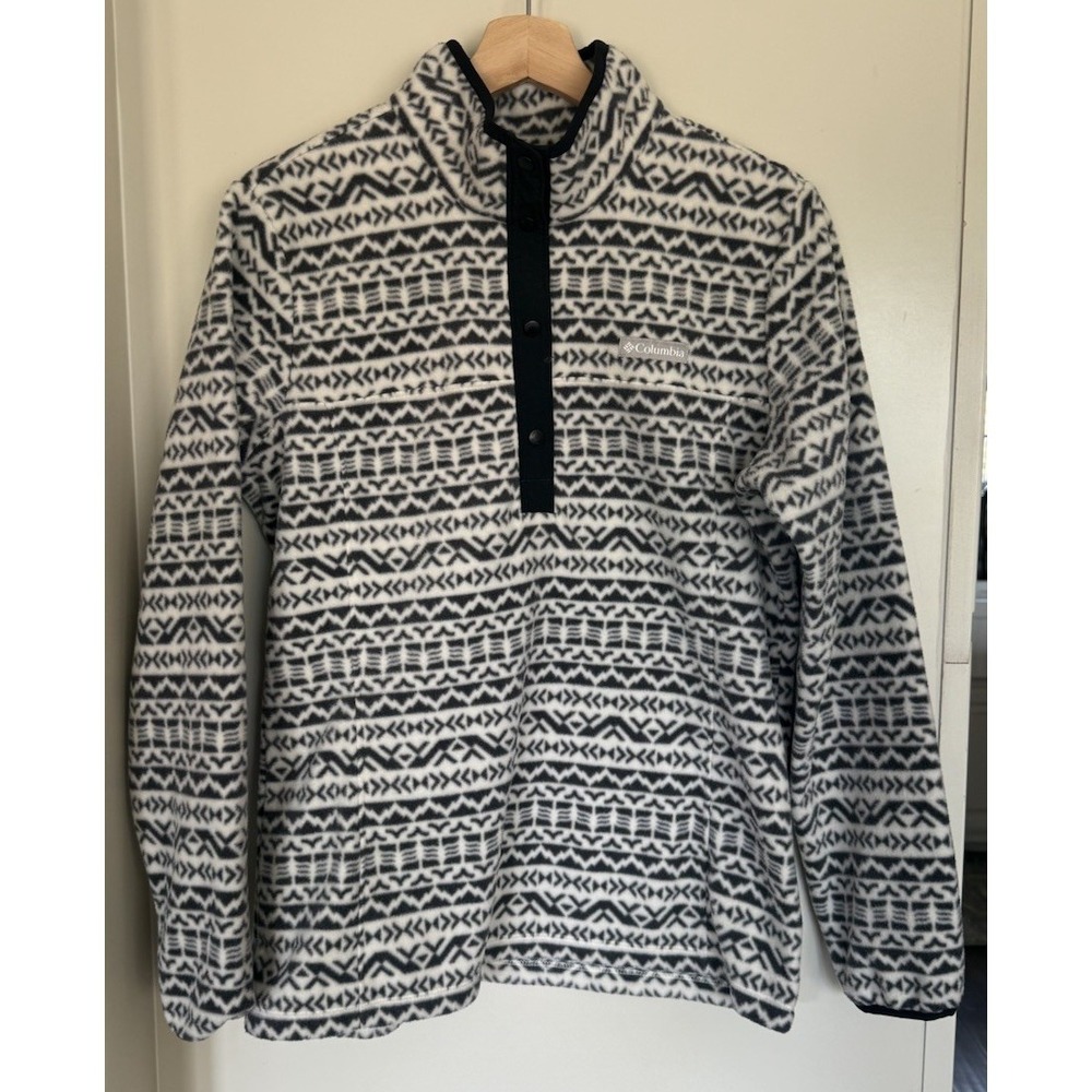 Columbia Women M  Casual Snap Fleece Pullover Jacket Gray White Aztec Print